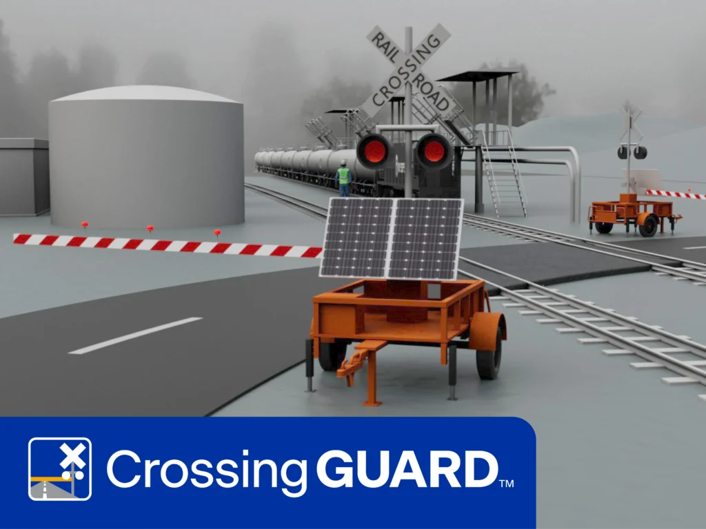 A railway crossing with barriers, warning lights, a train, and a solar-powered device on a trailer; "Crossing GUARD" logo is displayed at the bottom.