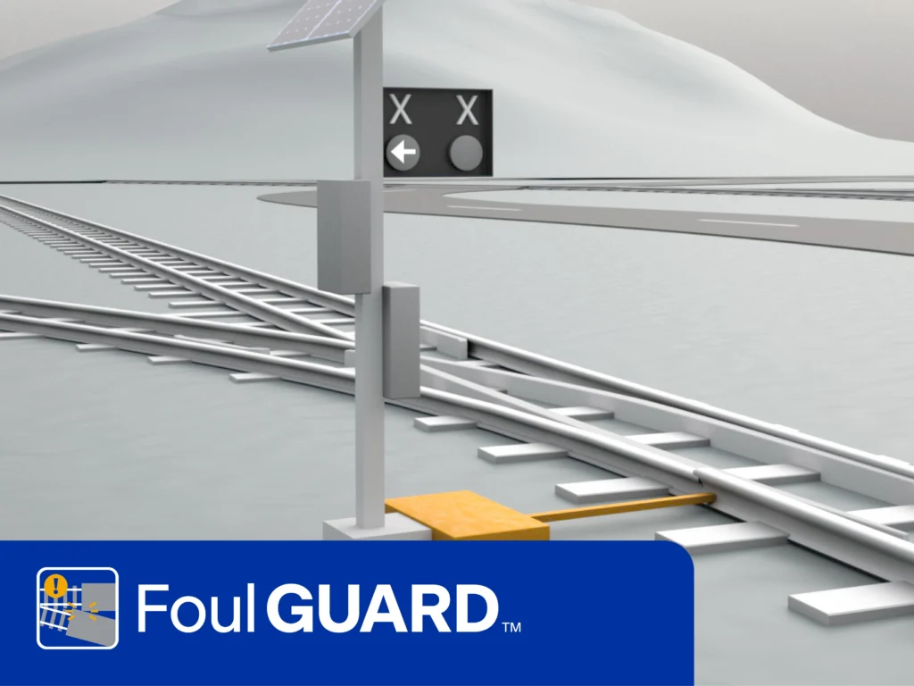 A rail safety device is installed at a track switch near warning signs, with mountains and a road in the background. "FoulGUARD™" is displayed in a blue banner at the bottom.