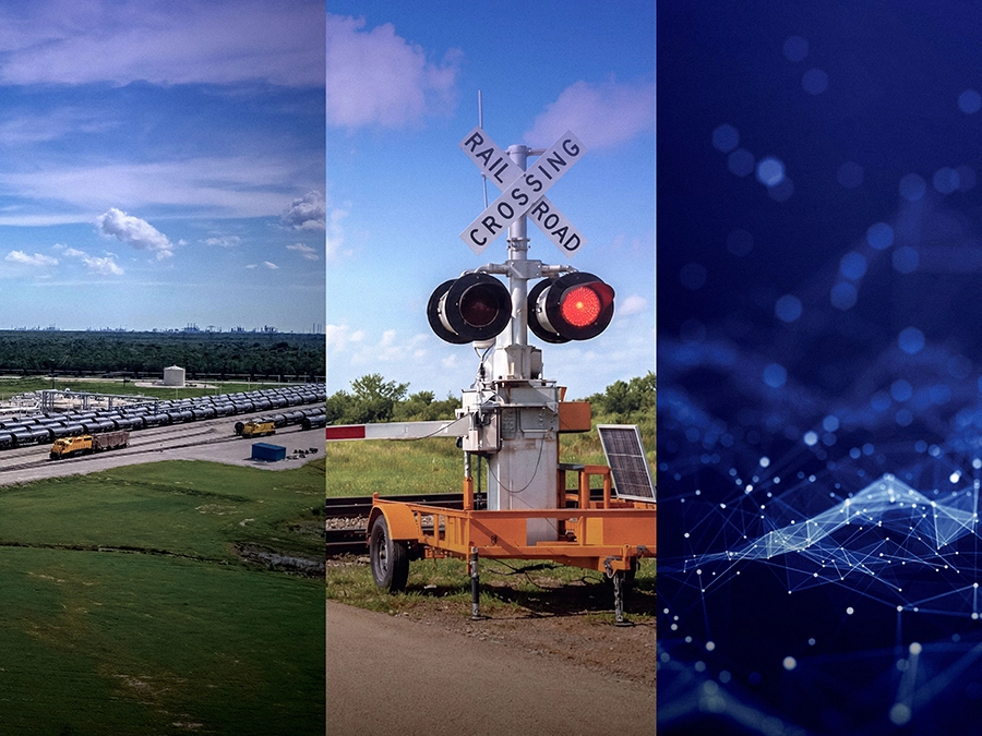 A composite image showing a rail yard, a railroad crossing signal with red lights, and a digital network graphic with blue nodes and lines.