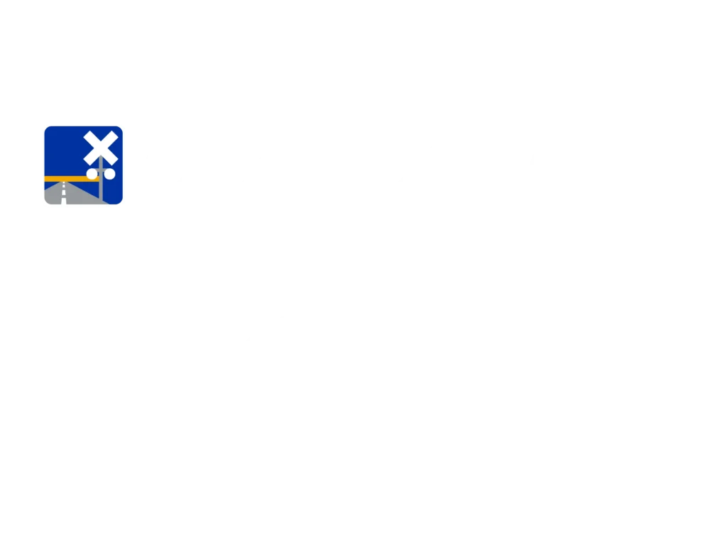 A blue square road sign with a white railroad crossing symbol, yellow line, and gray road illustration in the lower part of the sign.